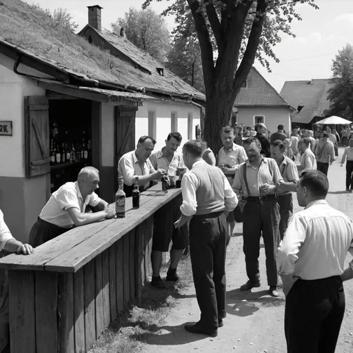 Prompt: Hungarian village with a bar, alcoholist mid 50's people drinking in a may morning

