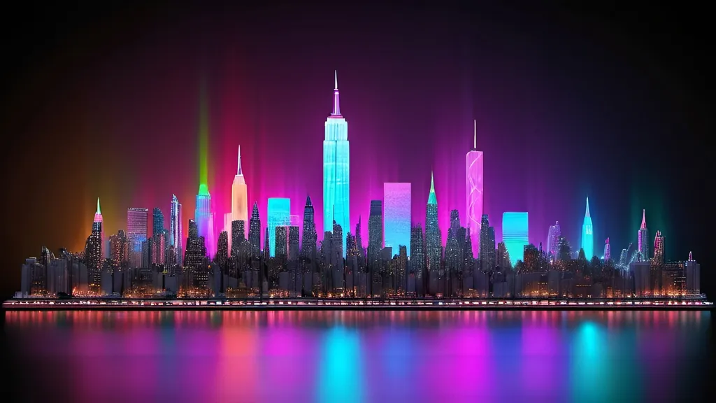 Prompt: Holographic city skyline of NYC in neon