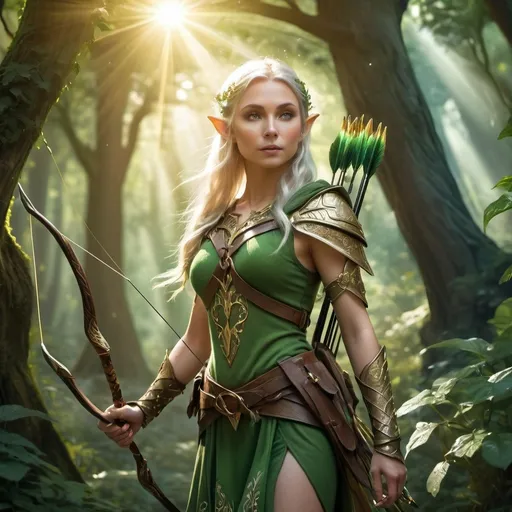 Prompt: Elf ranger in a mystical forest around sunlight