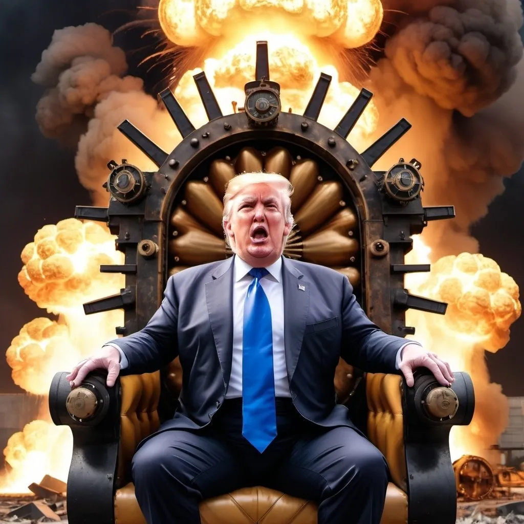 Prompt: Steampunk Donald Trump sits crying on a broken throne in front of an exploding nuclear bomb