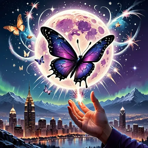 Prompt: aerial fireworks, aircraft, animal, aurora, blue butterfly, bug, building, butterfly, butterfly on hand, card, city, city lights, cityscape, cloud, constellation, copyright name, crescent moon, crystal, dusk, earth \(planet\), fire, fireworks, flying, full moon, galaxy, glowing, glowing butterfly, gradient sky, light particles, milky way, moon, mountain, night, night sky, open mouth, planet, purple sky, red moon, reindeer, science fiction, shooting star, sky, skyscraper, snowing, solo, space, space craft, star \(sky\), starry sky, starry sky print, sun, sunset, tree, twilight, ufo, white butterfly, wings, yellow butterfly