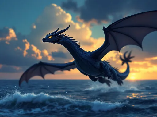 Prompt: A black dragon with yellow eyes flying across the ocean. It is nigh time and the dragon must be flying towards land. The dragon should be vivid with smooth details. the dragon must flap its wings twice as it rises into the sky. 