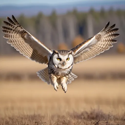 Prompt: a owl flying through the air with its wings spread out and it's eyes open, with a blurred background, Dennis Ashbaugh, superflat, wildlife photography, a stock photo