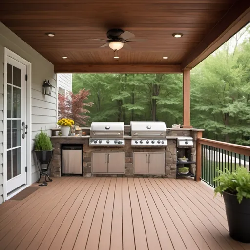 Prompt: Create a cozy outdoor barbecue area under a deck with a ceiling height of 6.5 feet. The patio under the deck has a door that opens into the basement. Show both the deck and the patio under the deck. Total space of deck and patio is 640 sq.ft each. Include low-profile furniture, warm string lights, and a compact grill under the deck. The space should feel inviting and well-decorated with light colors and greenery. Show both furnitures for the deck and under the deck and how it blends indoor and outdoor living. I want to see the deck and under the deck both. It should maintain the floor to ceiling height of 6.5 ft.