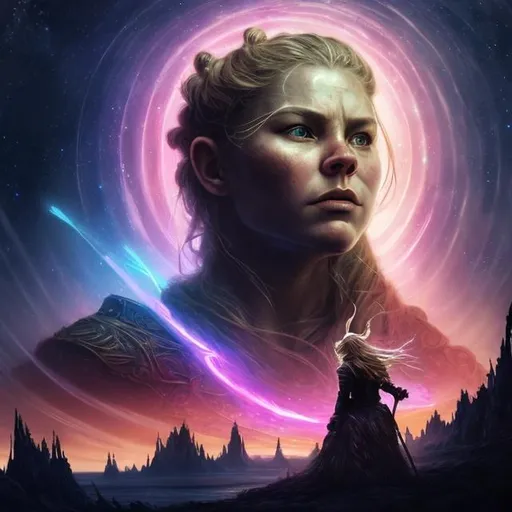 Prompt: Hyper-realistic landscape of a fierce female Viking, gazing upwards at a vibrant sky filled with planets and stars, 4k, hyper-detailed, neon, viking, female warrior, cosmic sky, planetary vista, hyper-realism, intense expression, fur-lined armor, glowing neon lights, majestic atmosphere, powerful stance, otherworldly landscape, star-filled sky, planetary glow, high-quality rendering, vivid colors, dramatic lighting