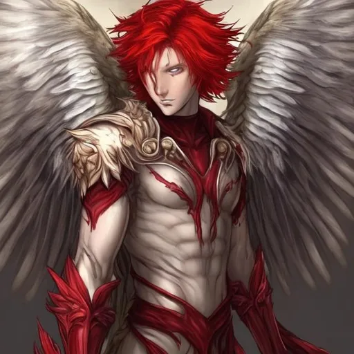 Prompt: A male angel with red hair and wings, he has 6 wings and a part of his face is covered by his lushes red hair. He has two gauntlets also