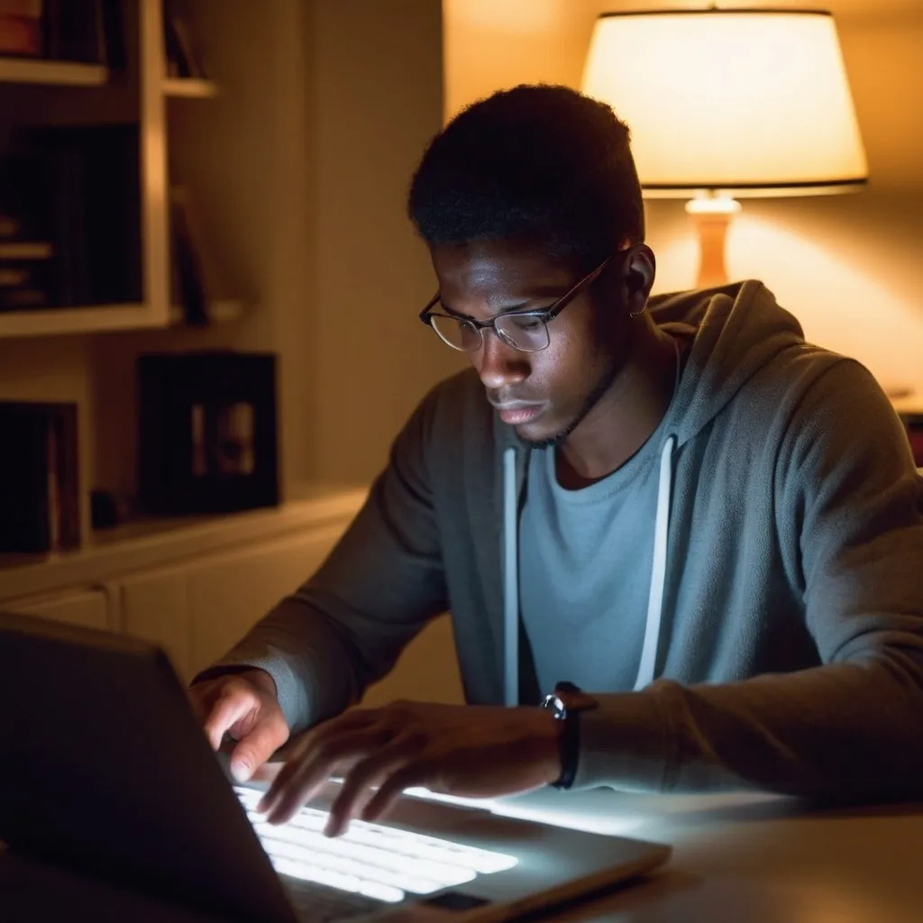 Prompt: The photo captures a moment of solitude and concentration as a young african american man works intently on his laptop, late night focused. The warm glow of a desk lamp and the computer's backlight illuminate his face, creating a contrast with the dark surroundings. The scene is a typical representation of dedication and hard work, late night focused, where technology and human endeavor come together in the quiet hours of the night.