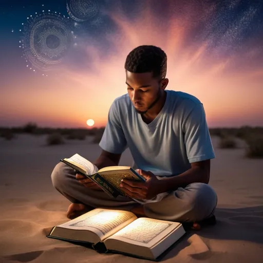 Prompt: As the sky paints itself with the vibrant hues of dusk, a young african american man finds solace in the pages of a Holy Quran. The fading light gently illuminates the intricate details of the cover, as stars begin to twinkle above. There is a profound peace in this quiet moment, as he reads with dedication, fully absorbed in the written word of Quran.