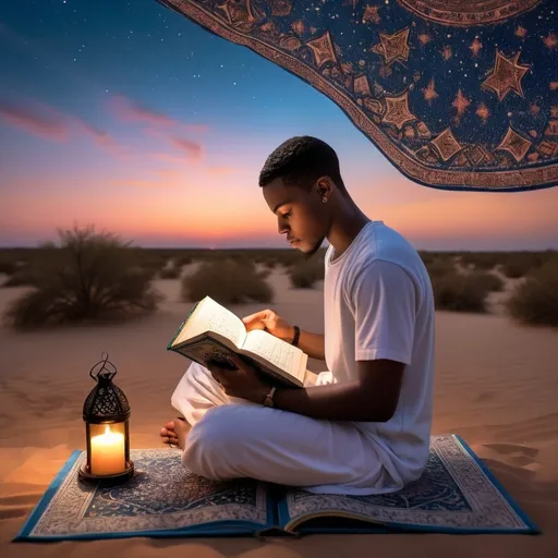 Prompt: As the sky paints itself with the vibrant hues of dusk, a young african american man finds solace in the pages of a Holy Quran. The fading light gently illuminates the intricate details of the cover, as stars begin to twinkle above. There is a profound peace in this quiet moment, as he reads with dedication, fully absorbed in the written word of Quran.