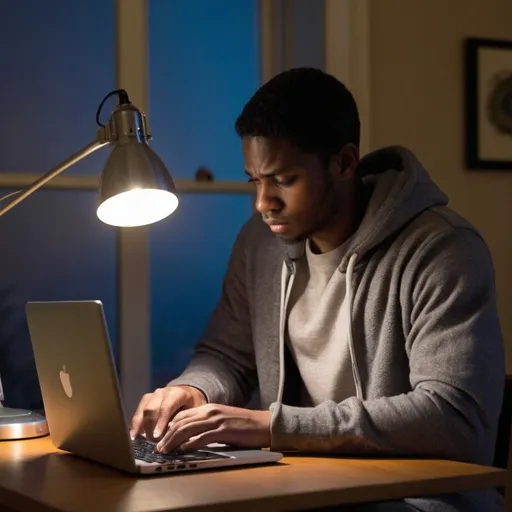 Prompt: The photo captures a moment of solitude and concentration as a young african american man works intently on his laptop, late night focused. The warm glow of a desk lamp and the computer's backlight illuminate his face, creating a contrast with the dark surroundings. The scene is a typical representation of dedication and hard work, late night focused, where technology and human endeavor come together in the quiet hours of the night.