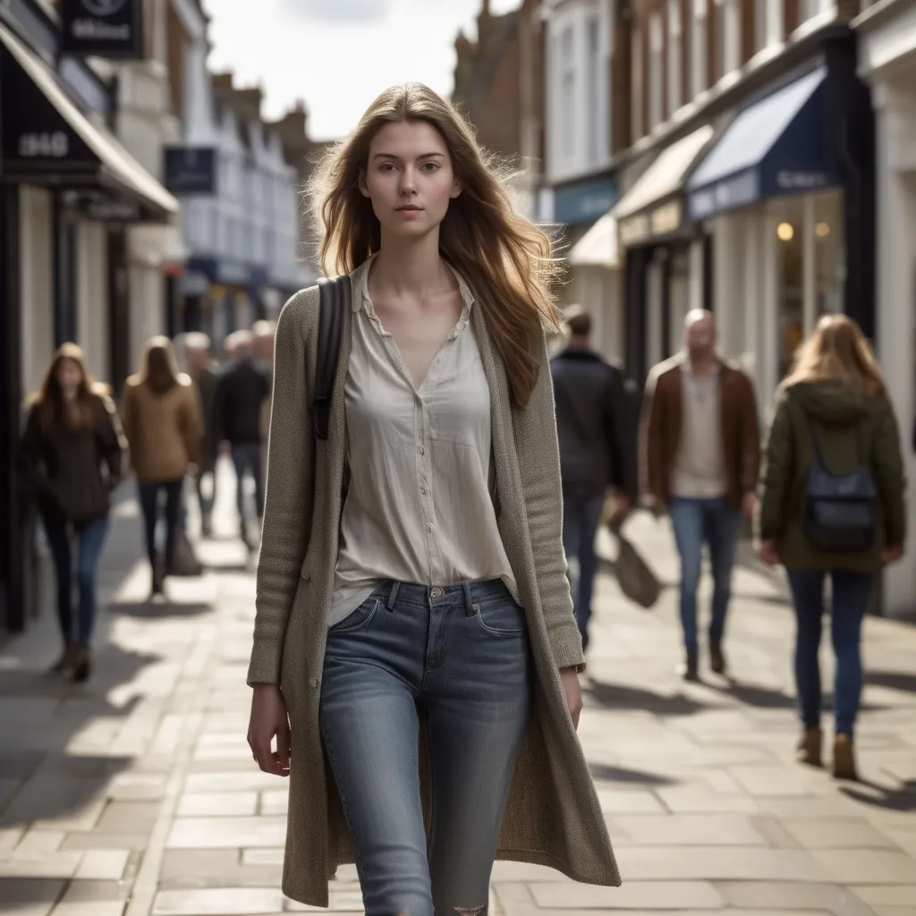 Prompt: Tall young woman walking down the high street, detailed clothing, realistic, natural lighting