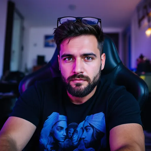 Prompt: A man sits in a gaming chair, his expression focused yet contemplative, as he gazes intently at the camera. He sports a casual black t-shirt featuring images in blue, and the outline of his beard frames his face, adding to a look of casual sophistication. Glasses sit precariously atop his head, suggesting he may have just removed them for a clearer view of his surroundings. The background reveals a dimly lit interior space with a hint of disarray, likely indicating a workspace or gaming area, while soft ambient lighting adds a relaxed atmosphere to the scene. The overall mood conveys a blend of concentration and comfort, characteristic of a personal or casual environment.