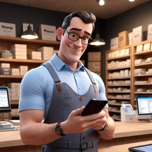 Prompt: A salesman who sumbit invoice on his mobile iphone 13 promax . in the background of the shop. pixar 3d style