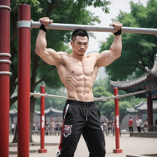 Prompt: Marshall Law from Tekken doing pull ups in a calisthenics park located in China