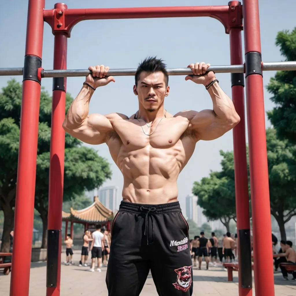 Prompt: Marshall Law from Tekken doing pull ups in a calisthenics park located in China