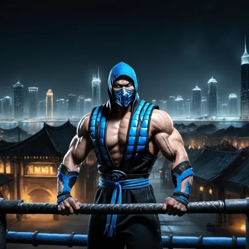Prompt: Sub Zero from mortal Kombat doing pull ups in a calisthenics park at night with a city behind 