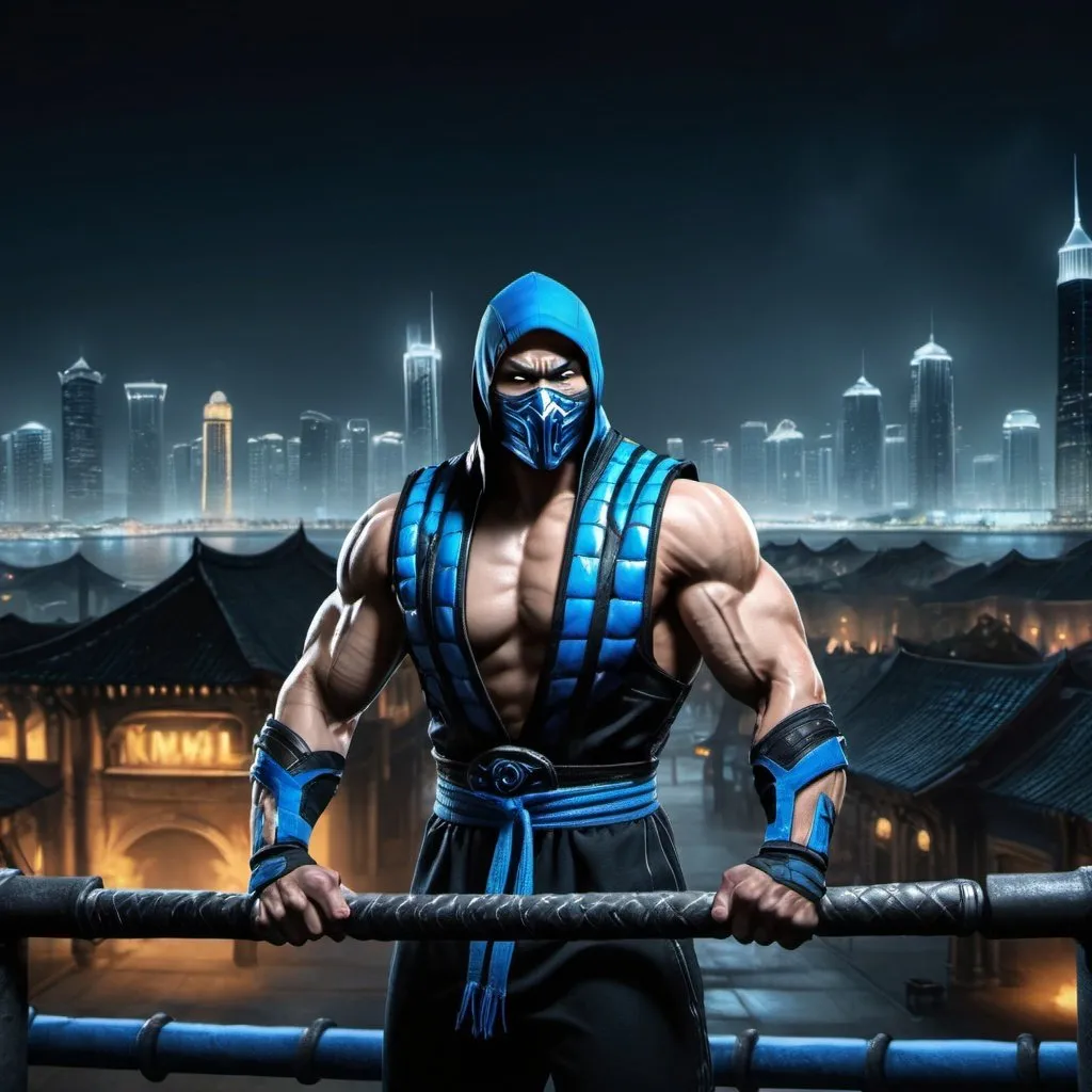 Prompt: Sub Zero from mortal Kombat doing pull ups in a calisthenics park at night with a city behind 