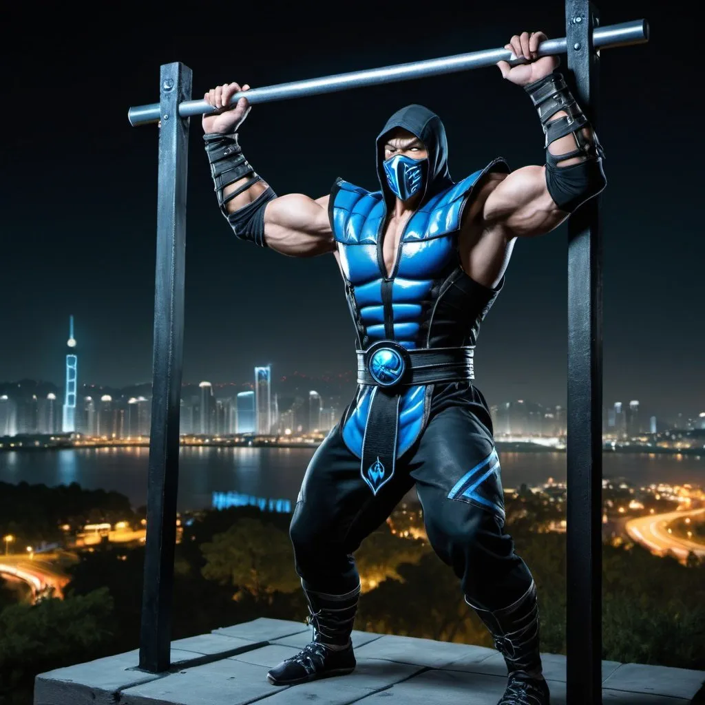 Prompt: Sub Zero from mortal Kombat doing pull ups in a calisthenics park at night with a city behind 