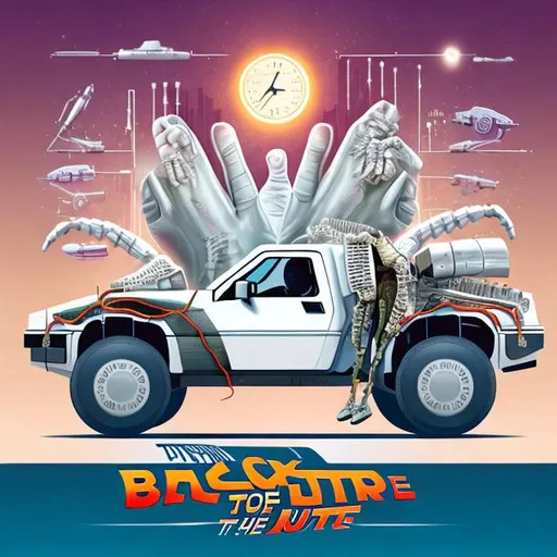 Prompt: A poster for an event with theme similar to the movie "Back to the Future", a large truck with lab equipment and time machine as the design. A few people wearing white lab coats and a few joint models show osteoarthritis joint. An some illustration of travelling back to the past to save the joints. 