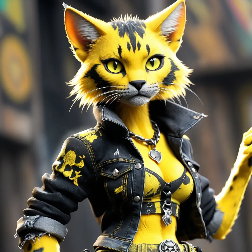 Prompt:  Tabaxi wearing acid-washed Jeans, colors are shades of black and yello, looking like a bad girl, best quality, masterpiece