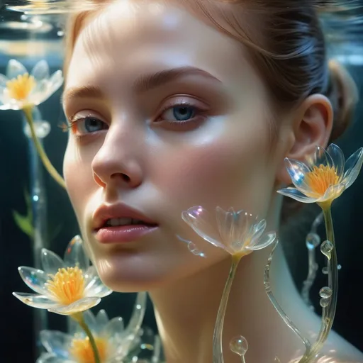 Prompt: A Beautiful, Ethereal Female Being. Her Energy Manifests In A Translucent Molecular Structure With Fascinating Textures And Iridescent, Luminous Scales. She Is Surrounded By Stunningly Beautiful Aquatic Flowers And Lashes Of Glass. Thanks To The Soft, Natural Volumetric Lighting That Creates A Cinematic Impression, The Work Achieves A Sublime Chiaroscuro Effect. Beautiful Realistic Painting By Hans Bellmer, Hyperrealism, Hyperdetailed, Ultra Realistic, Shiny Aura