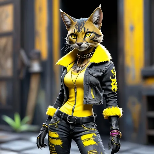 Prompt:  Tabaxi wearing acid-washed Jeans, colors are shades of black and yello, looking like a bad girl, best quality, masterpiece