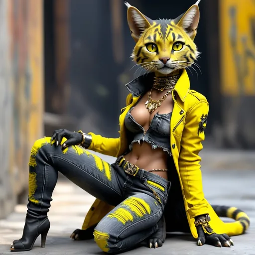 Prompt:  Tabaxi wearing acid-washed Jeans, colors are shades of black and yello, looking like a bad girl, best quality, masterpiece