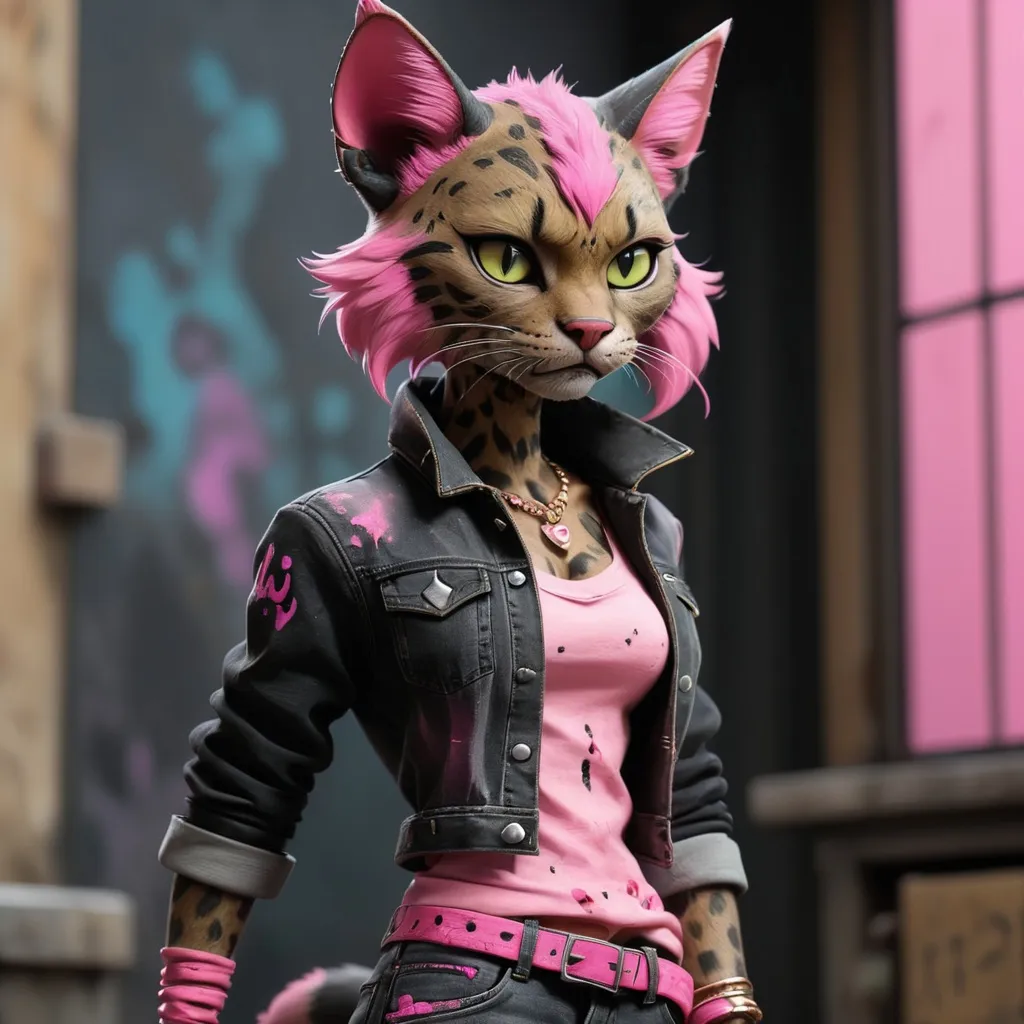 Prompt: Tabaxi wearing acid-washed Jeans, colors are shades of black and pink, looking like a bad girl, best quality, masterpiece