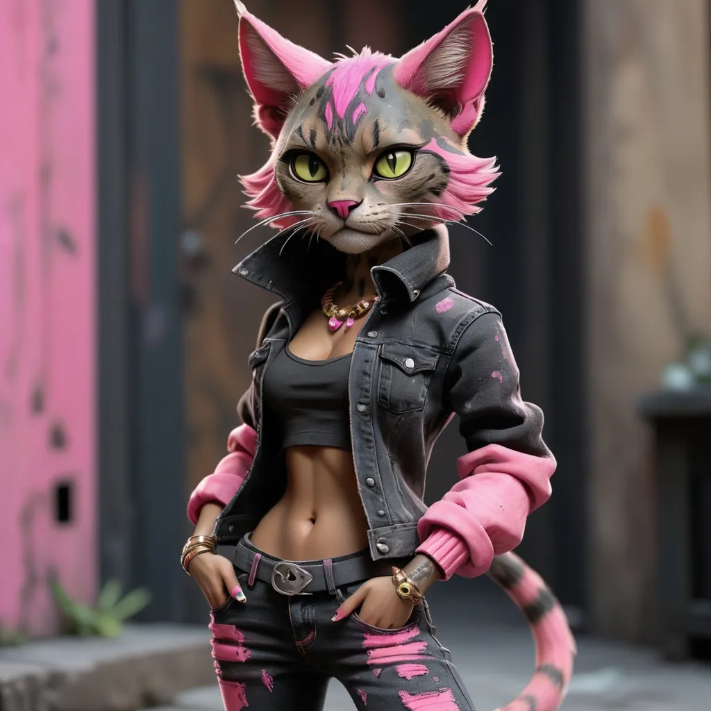 Prompt: Tabaxi wearing acid-washed Jeans, colors are shades of black and pink, looking like a bad girl, best quality, masterpiece