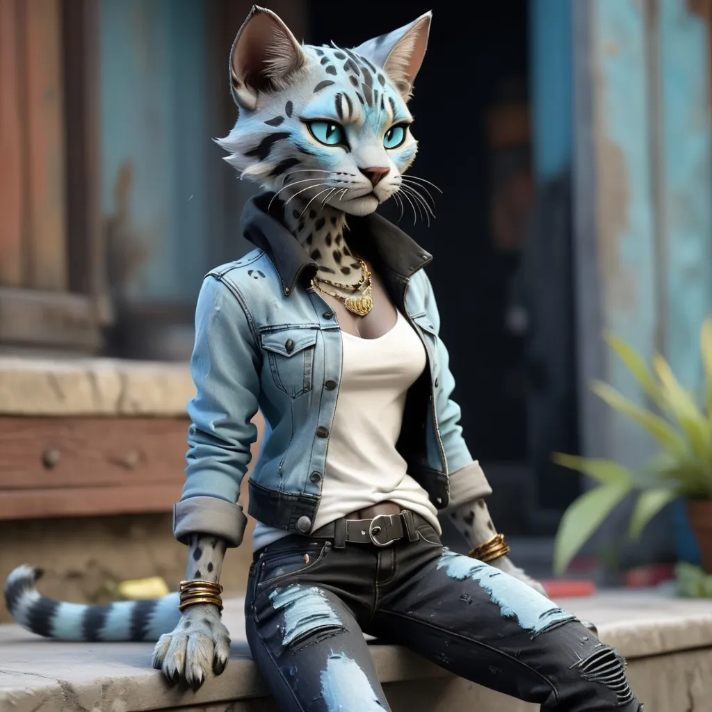 Prompt:  Tabaxi wearing acid-washed Jeans, colors are shades of black and Light blue, looking like a bad girl, best quality, masterpiece