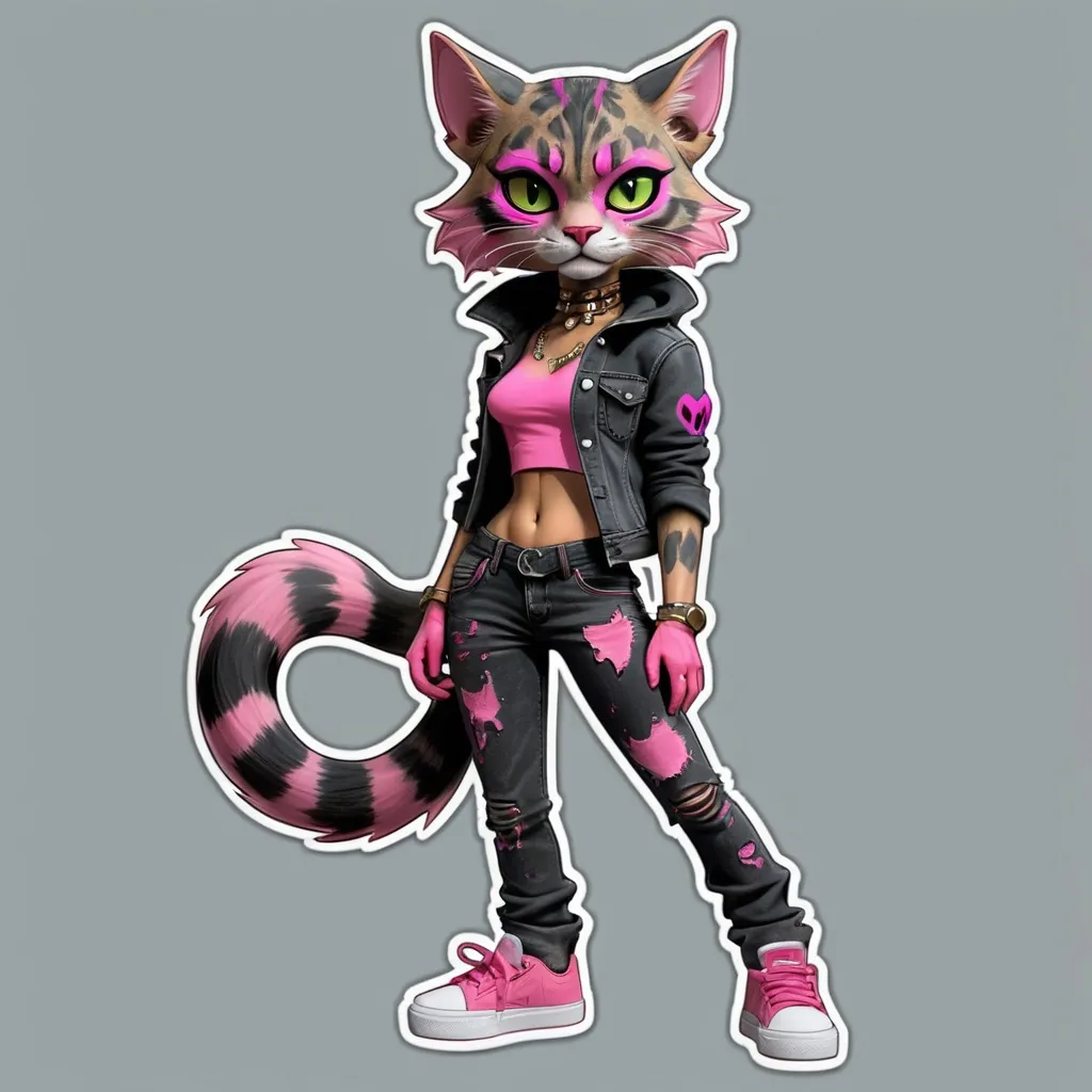 Prompt:  Tabaxi Sticker wearing acid-washed Jeans, colors are shades of black and pink, looking like a bad girl, best quality, masterpiece