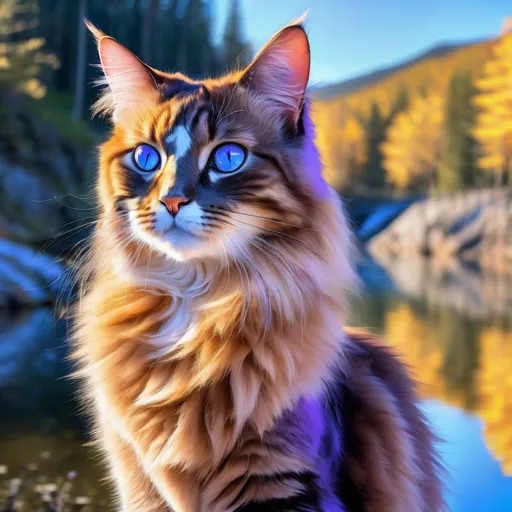 Prompt: warrior cat with {lavender fur} and {crystal blue eyes}, young female cat, epic anime portrait, beautiful 8k eyes, elegant {colorful lavender fur}, fine oil painting, modest, gazing at viewer, worm's eye view, frosted flowers, zoomed out view of character, wears a bracelet, 64k, hyper detailed, expressive, timid, graceful, beautiful, expansive silky mane, golden ratio, precise, perfect proportions, vibrant, prowling by a sun-bathed river, hyper detailed, complementary colors, UHD, HDR, top quality artwork, beautiful detailed background, unreal 5, artstaion, deviantart, instagram, professional, masterpiece