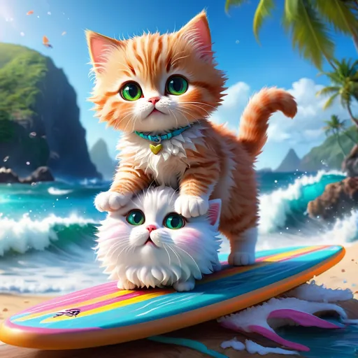 Prompt: Super cute cat with a baby cat, on a surfboard, fluffy, adorable, led, hyper-detailed, 64K, UHD, HDR, unreal engine, vivid colors, Ocean, waves, perfect, colorful
