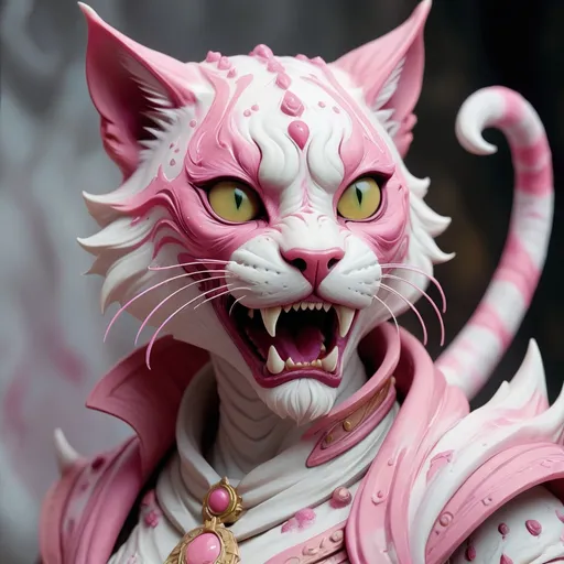 Prompt: killer Khajiit made of pink and light and swirling dust in white and eerie-pink colors, masterpiece, best quality with kittins 