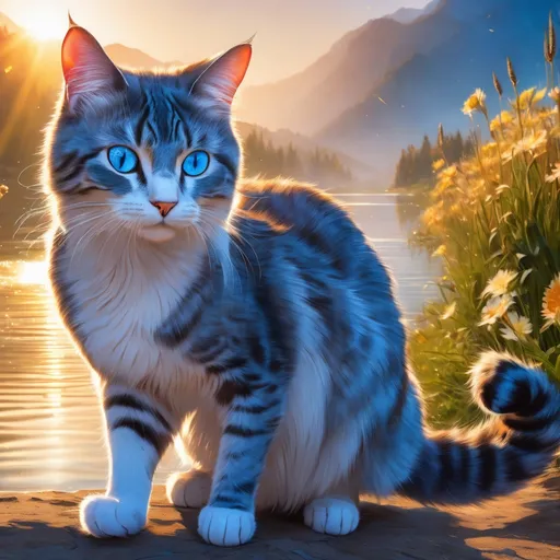 Prompt: warrior cat with speckled {silver-white fur} and {sapphire blue eyes}, young female cat, epic anime portrait, beautiful 8k eyes, elegant {frosted blue fur}, fine oil painting, intense, lunging at viewer, worm's eye view, frosted flowers, zoomed out view of character,  (unsheathed claws), visible claws, wears a bracelet, 64k, hyper detailed, expressive, intense, graceful, hissing cat, aggressive, sassy, passionate, lithe, beautiful, billowing wild mane, golden ratio, precise, perfect proportions, vibrant, prowling by a sun-bathed river, hyper detailed, complementary colors, UHD, HDR, top quality artwork, beautiful detailed background, unreal 5, artstaion, deviantart, instagram, professional, masterpiece