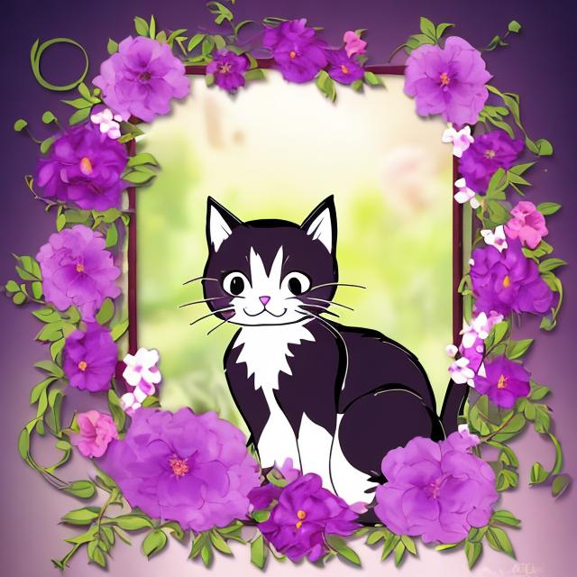 Prompt: cat in flower frame anime 2k purple