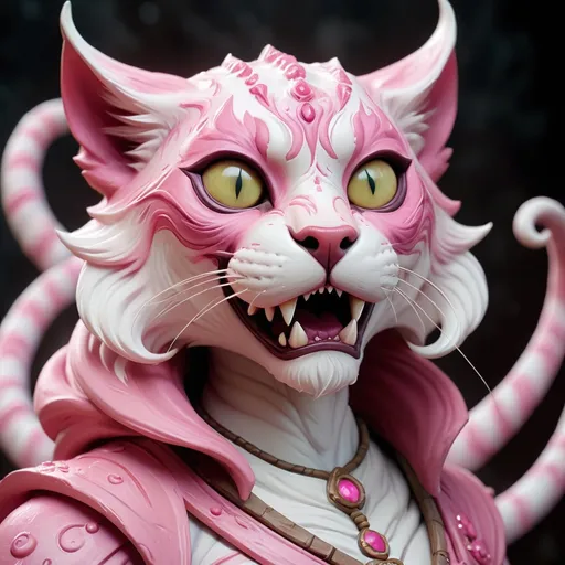 Prompt: killer Khajiit made of pink and light and swirling dust in white and eerie-pink colors, masterpiece, best quality with kittins 