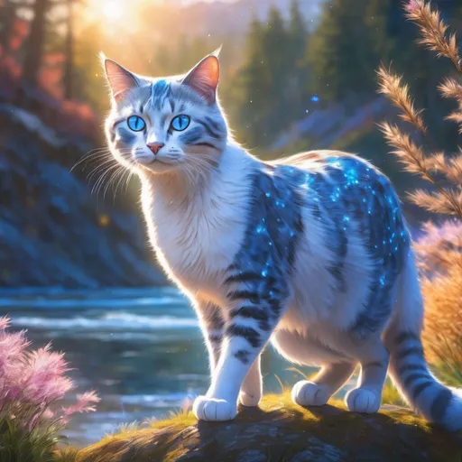 Prompt: warrior cat with speckled {silver-white fur} and {sapphire blue eyes}, young female cat, epic anime portrait, beautiful 8k eyes, elegant {frosted blue fur}, fine oil painting, intense, lunging at viewer, worm's eye view, frosted flowers, zoomed out view of character,  (unsheathed claws), visible claws, wears a bracelet, 64k, hyper detailed, expressive, intense, graceful, hissing cat, aggressive, sassy, passionate, lithe, beautiful, billowing wild mane, golden ratio, precise, perfect proportions, vibrant, prowling by a sun-bathed river, hyper detailed, complementary colors, UHD, HDR, top quality artwork, beautiful detailed background, unreal 5, artstaion, deviantart, instagram, professional, masterpiece