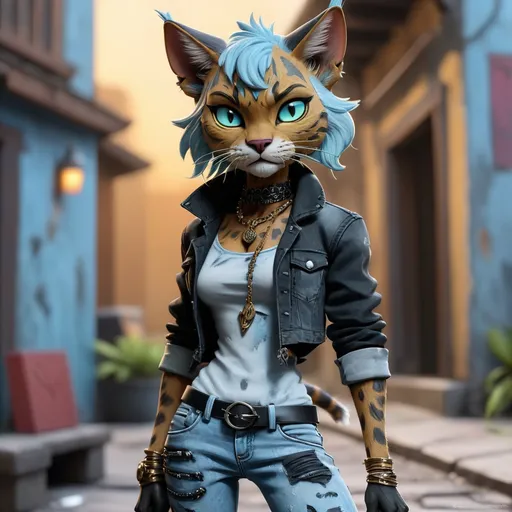 Prompt:  Tabaxi wearing acid-washed Jeans, colors are shades of black and Light blue, looking like a bad girl, best quality, masterpiece