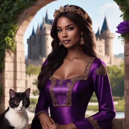 Prompt:  Princess  as a beautiful realistic Brown American woman straight dark brown hair.  sensual purple modern dress with flower decor, cats and castle background