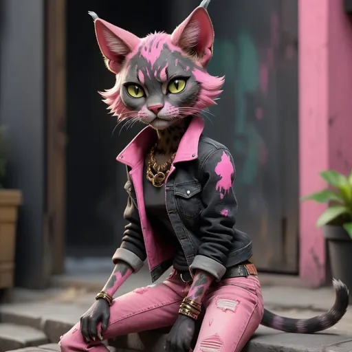 Prompt: Tabaxi wearing acid-washed Jeans, colors are shades of black and pink, looking like a bad girl, best quality, masterpiece