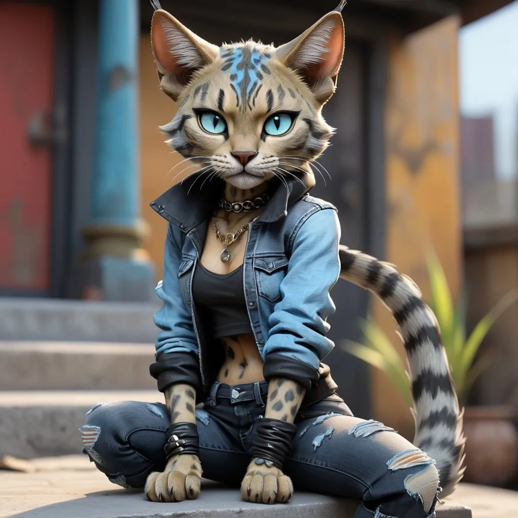 Prompt:  Tabaxi wearing acid-washed Jeans, colors are shades of black and Light blue, looking like a bad girl, best quality, masterpiece