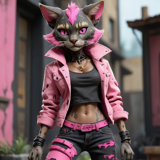 Prompt: Tabaxi wearing acid-washed Jeans, colors are shades of black and pink, looking like a bad girl, best quality, masterpiece