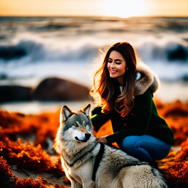 Prompt: Woman with wolf on the beach, autumn, highly detailed, professional, render, Sharp focus, HD, UHD, HDR, hyperrealistic