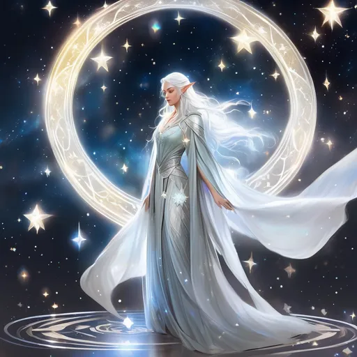 Prompt: full body portrait of a dnd character, a young elven woman in her early twenties, slender and graceful build giving off an ethereal presence, long silver-white hair cascading down her back (adorned with star charms), eyes glowing with otherworldly luminescence, and wears a flowing robe and cloak with celestial patterns, neat and clean tangents