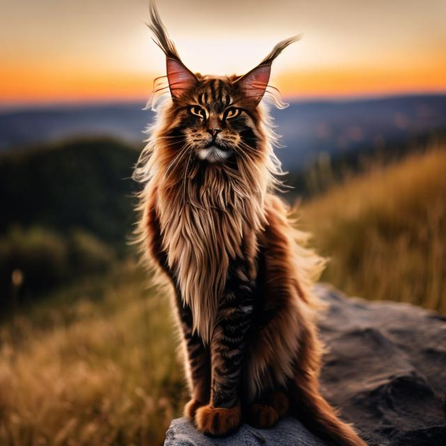 Prompt: a Maine coon with brown fur, yellow eyes, long tall, standing up on a moutain with wind blowing her.  sunset with Human baby gril