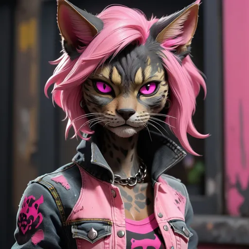 Prompt: Tabaxi wearing acid-washed Jeans, colors are shades of black and pink, looking like a bad girl, best quality, masterpiece