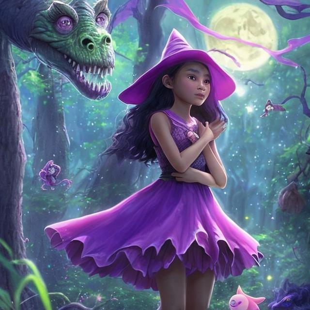 Prompt: a realistic 13 year old Filipino girl with a crescent moon on her forehead in a magical Forest staring up at the beautiful night in the sky with a kind to swamp monster a beautiful witch and a pink dress and a little purple dragon that has pink and green at the end of its wings and Tail sicker