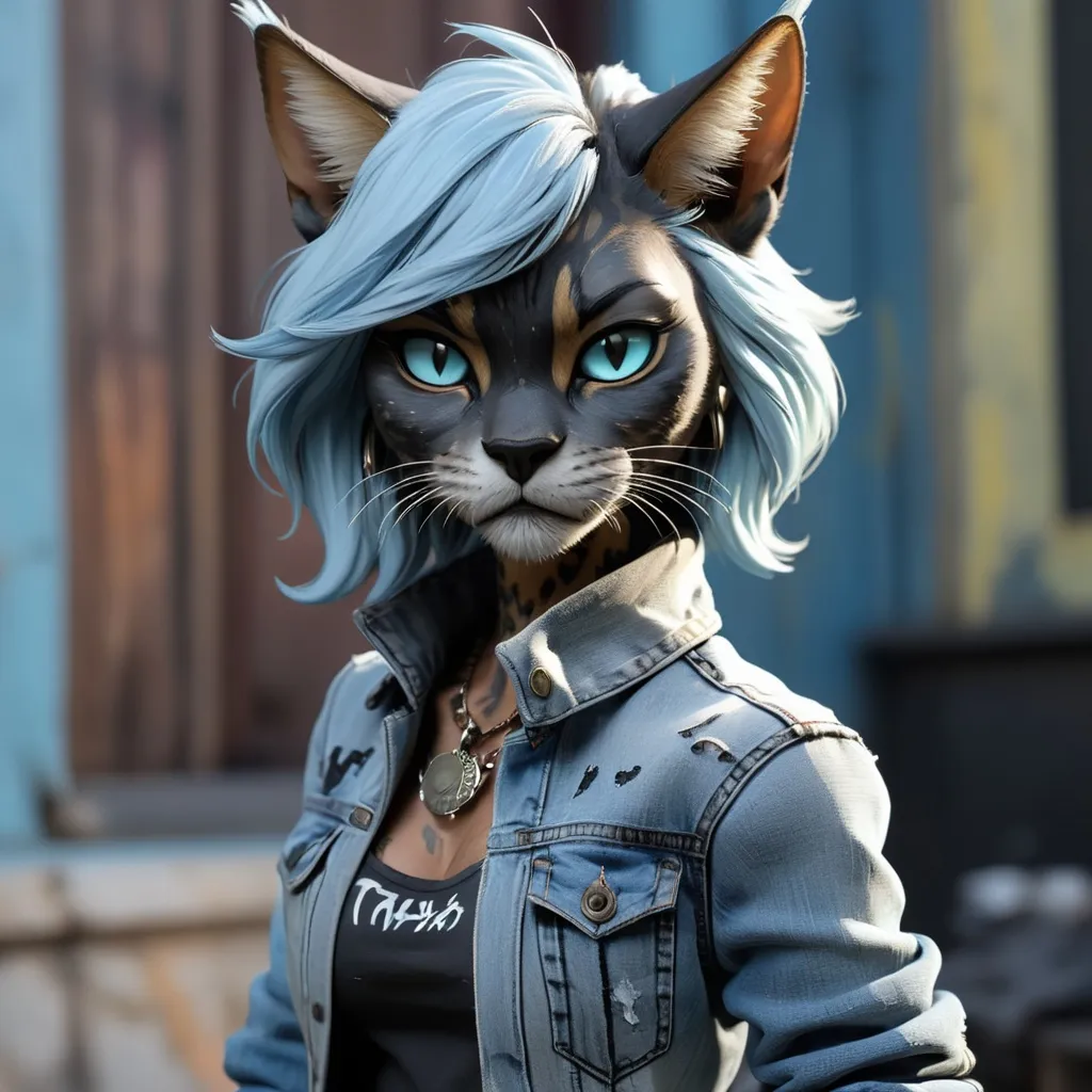 Prompt:  Tabaxi wearing acid-washed Jeans, colors are shades of black and Light blue, looking like a bad girl, best quality, masterpiece