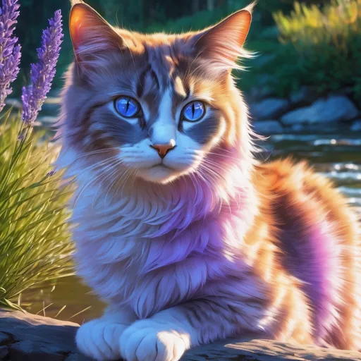 Prompt: warrior cat with {lavender fur} and {crystal blue eyes}, young female cat, epic anime portrait, beautiful 8k eyes, elegant {colorful lavender fur}, fine oil painting, modest, gazing at viewer, worm's eye view, frosted flowers, zoomed out view of character, wears a bracelet, 64k, hyper detailed, expressive, timid, graceful, beautiful, expansive silky mane, golden ratio, precise, perfect proportions, vibrant, prowling by a sun-bathed river, hyper detailed, complementary colors, UHD, HDR, top quality artwork, beautiful detailed background, unreal 5, artstaion, deviantart, instagram, professional, masterpiece